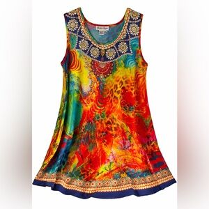 Jessica Taylor Colorful Beaded Tunic Dress Boho Abstract Print One Size